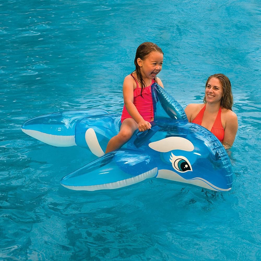 Transparent Blue Whale Rider Inflatable Ride-On Mattress for Kids - Swimming Pool Float for Water Fun and Beach Game