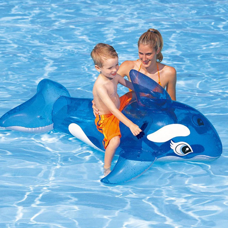 Transparent Blue Whale Rider Inflatable Ride-On Mattress for Kids - Swimming Pool Float for Water Fun and Beach Game