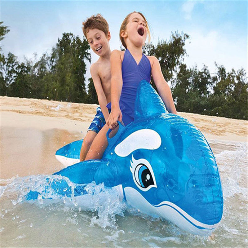 Transparent Blue Whale Rider Inflatable Ride-On Mattress for Kids - Swimming Pool Float for Water Fun and Beach Game